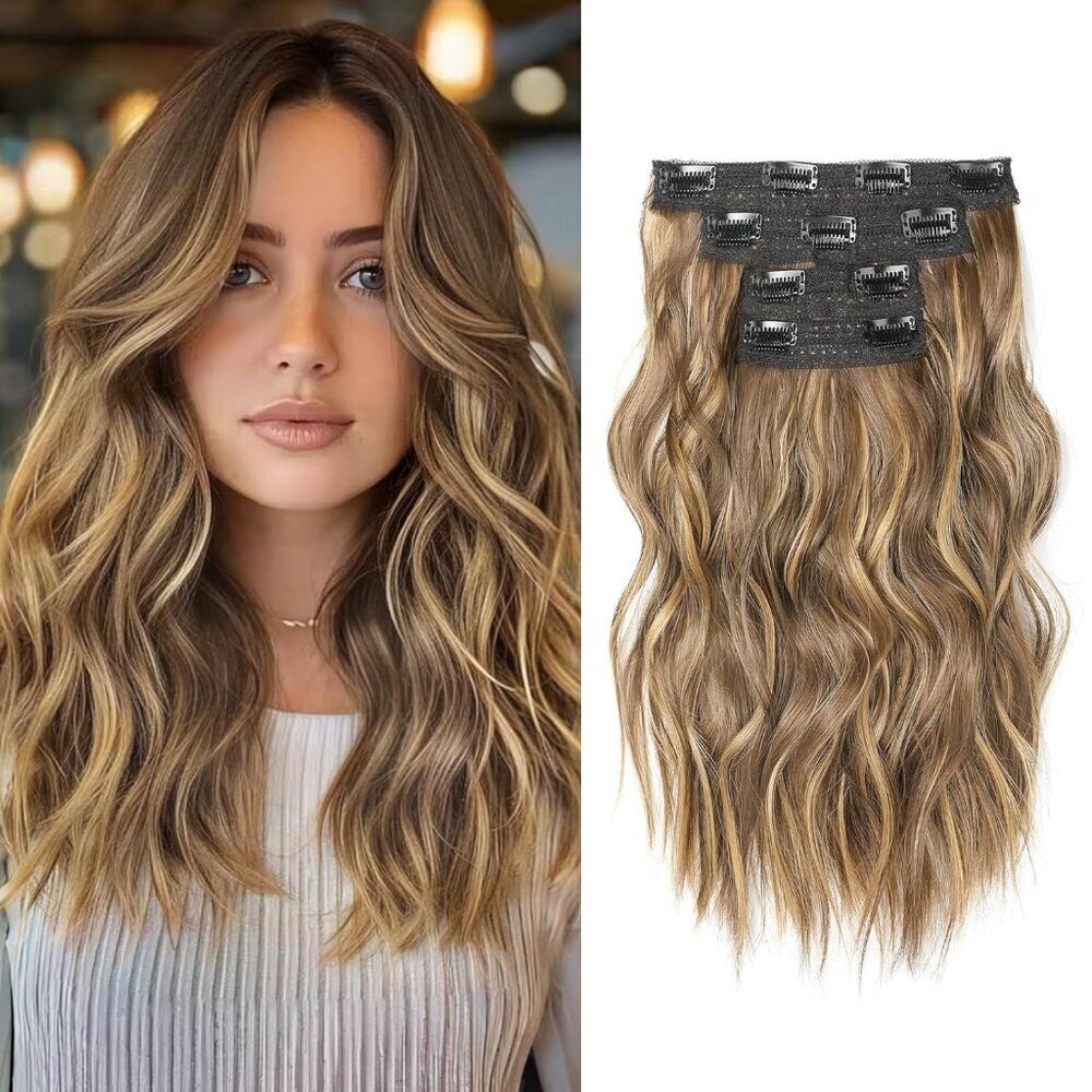 14" Blonde Clip in Hair Extensions Wavy Natural Volume Color Light Brown
